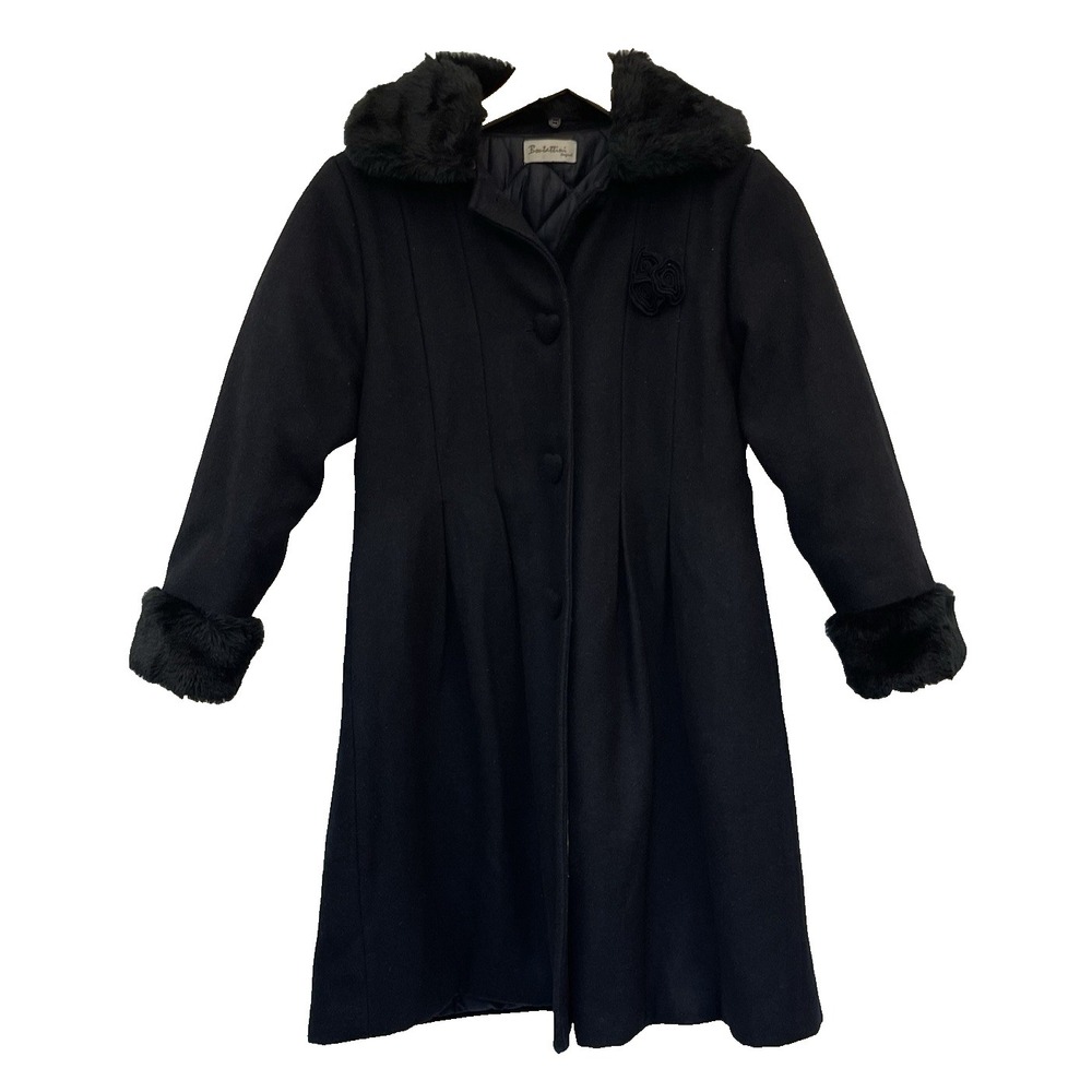 Girls Dressy Wool Blend Faux Fur Collar Winter Black Long Coat/Jacket Holiday 12